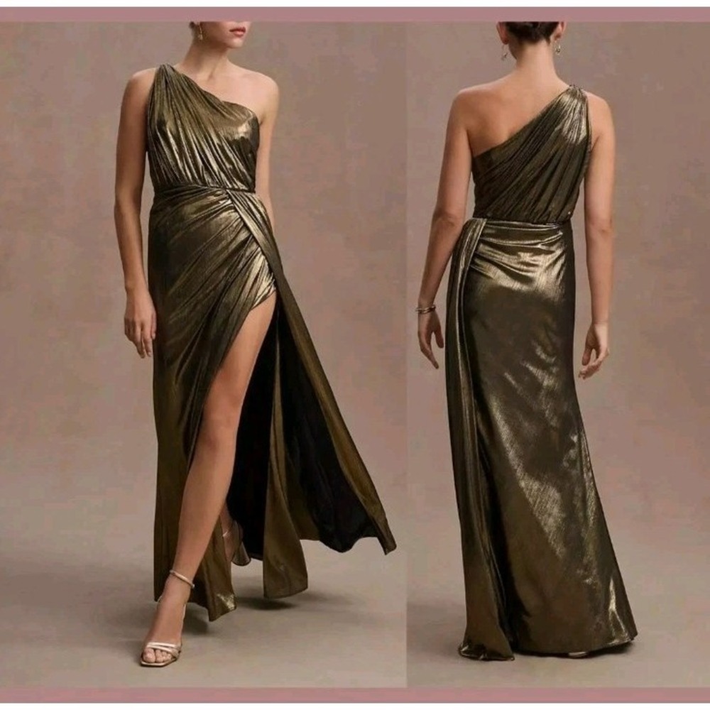 NEW $398 IEENA Mac Duggal Metallic Draped One Shoulder Grecian Gown Sz 2 Flaw